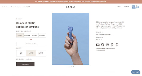 Lola product page website screenshot